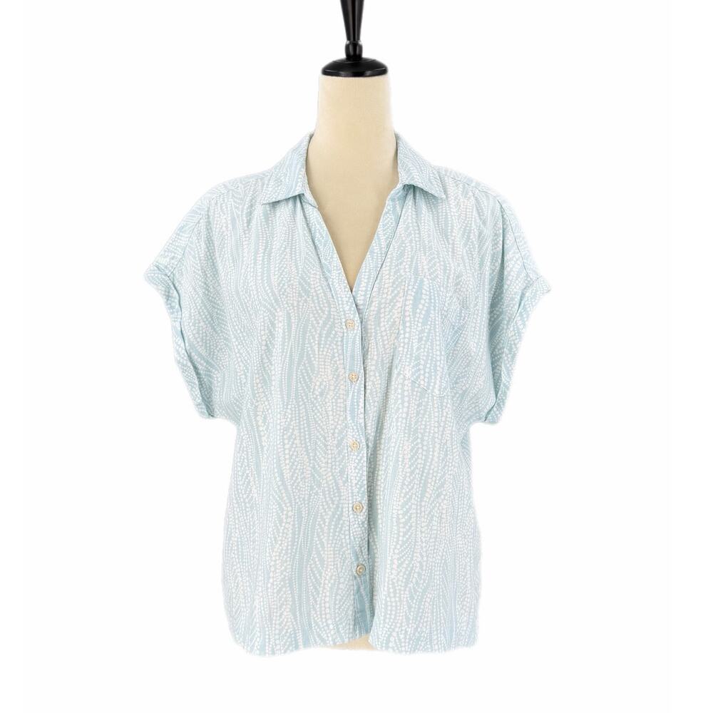 Joie Blue White Botanical Linen Button Summer Lightweight Coastal Resort Blouse